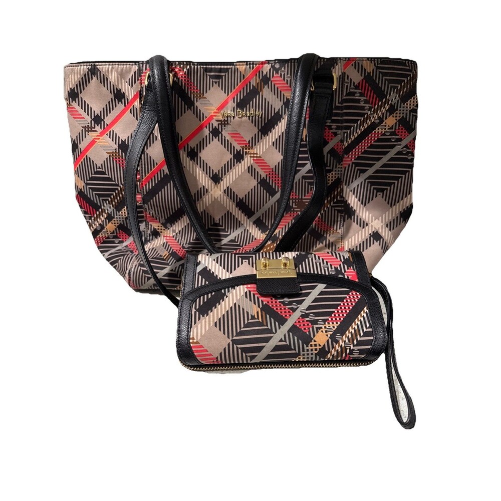 Vera Bradley Ella Tote And Wristlet Sophia Plaid Leather Trim Ultimate Gray Red